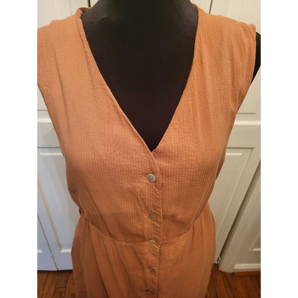 Peach Striped Sleeveless Button Up Dress Pockets sz S Trad Wife Preppy Coastal - Picture 3 of 8